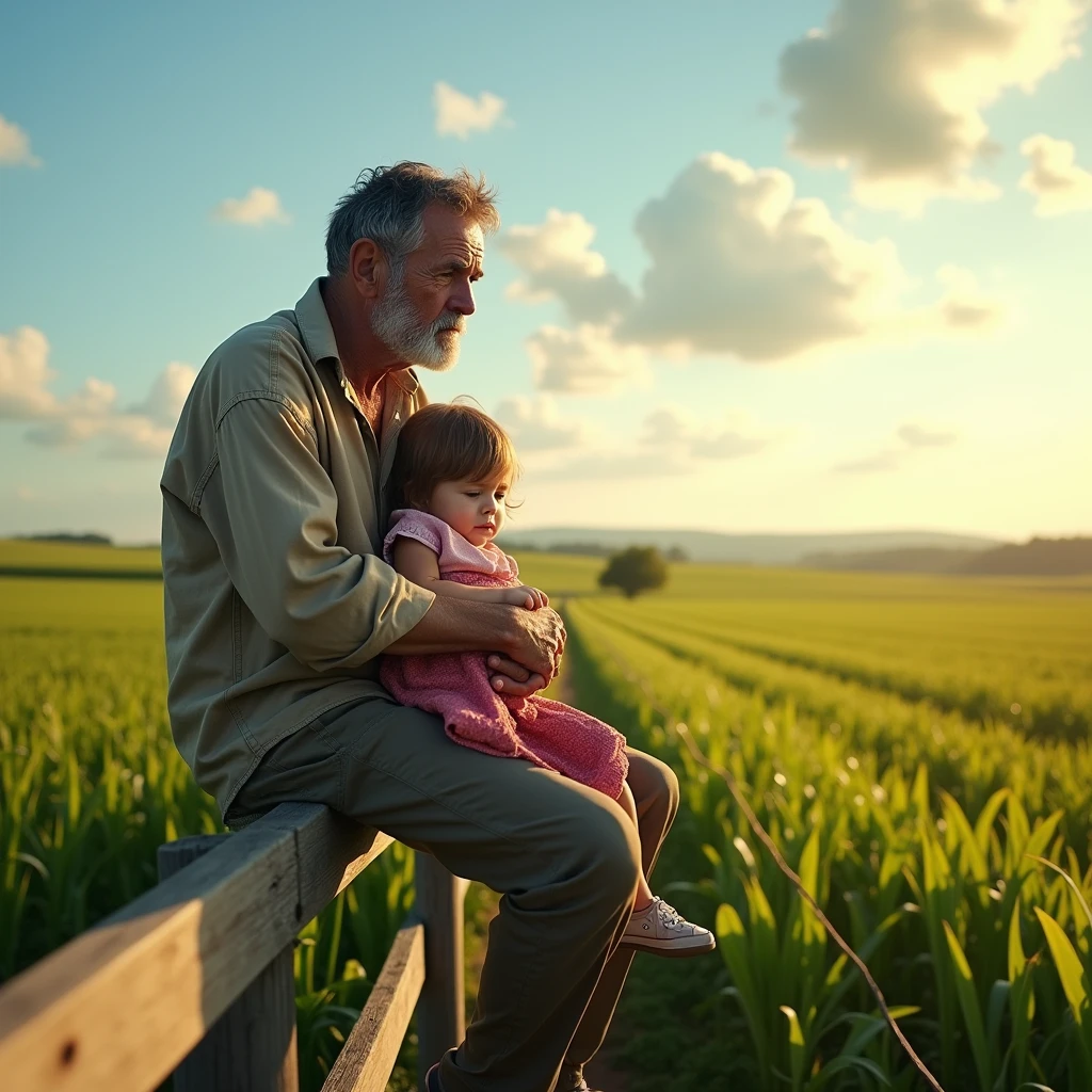 The farmer is sitting with his daughter in his arms, an expression of pity on his face.
Behind are green crop fields, where some crops are swaying.