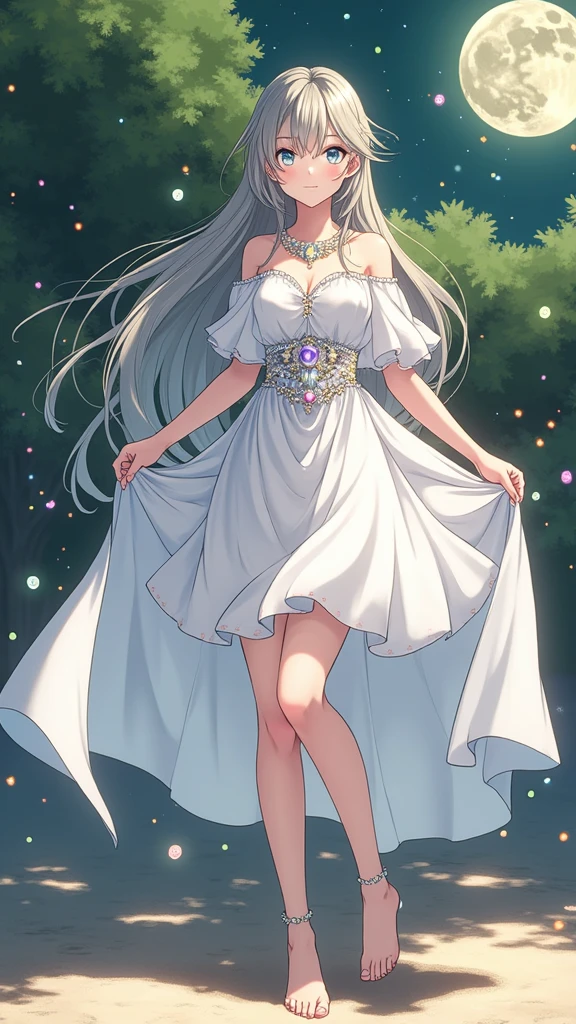 (masterpiece、Highest quality、8k、High resolution)、One female、(Beautiful Face、Beautiful Face)、Beautiful eyes、Beautiful lips、Beautiful nose、Silver blonde hair、(The best girl in anime)、Sandy beach with a view of the forest、A bright night with stars visible、full moon、milky way、体whole bodyから神秘的な光の粒子、Colorful light particles、A mysterious light glowing around the head、jewelry、necklace、dress、(whole body)、Highly detailed anime art、A complete portrayal、
