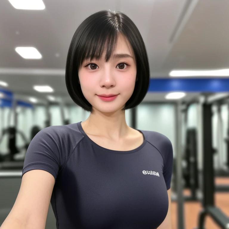 (kawaii 24 year-old Japanese girl, Nogizaka idol, Korean idol), healthy female athlete body, (glossy black hair, short hair, pixie cut, bangs:1.3), (rounded face, pure black eyes, single eyelid, no makeup, soft smile:1.2), (wearing training shirt, grey sports leggings:1.3), extra small breasts, well shaped hip, (slim waist, thigh gap:0.9), BREAK, (sports gym background:1.3), (looking at viewer, dynamic angle, close shot:1.2), BREAK, (masterpiece, best quality, photo realistic, official art:1.4), (UHD, 8K quality wallpaper, high resolution, raw photo, golden ratio:1.3), (shiny skin), professional lighting, physically based rendering, award winning, (highly detailed skin, extremely detailed face and eyes, anatomically correct body), Carl Zeiss 85 mm F/1.4, depth of field, 1girl, solo,