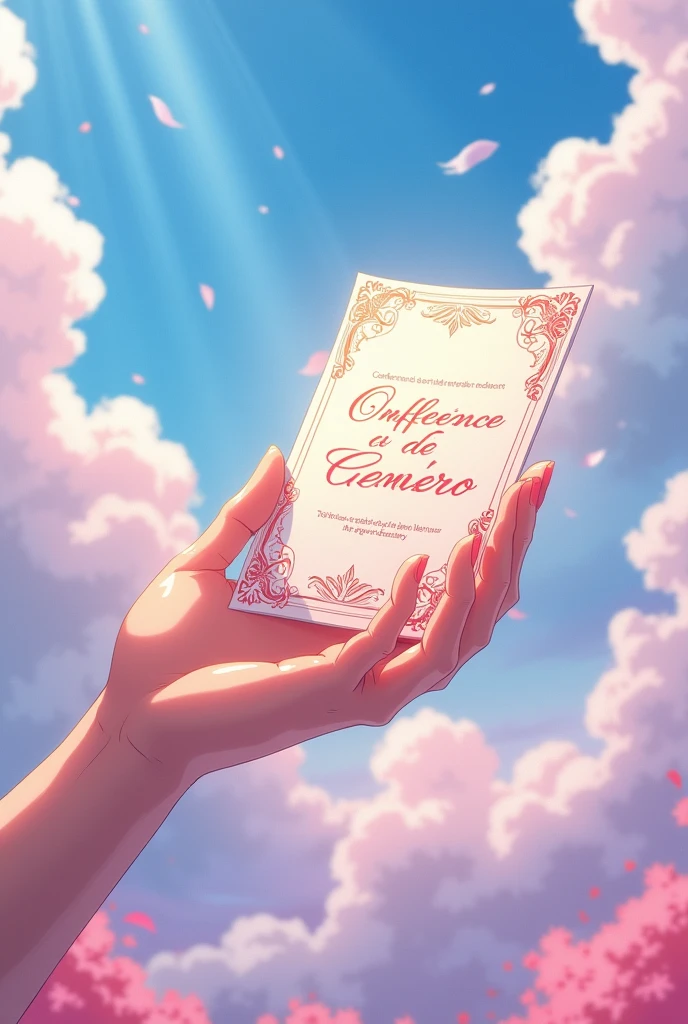 The hand of an anime person delivering an invitation And the invitation should say "Conference on media influence on gender perception" in Latin Spanish