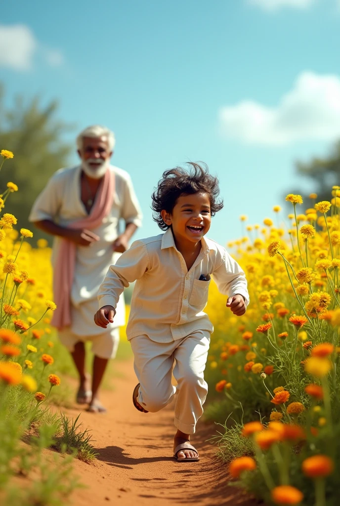 indian village grandson runs Grandndfather chases him