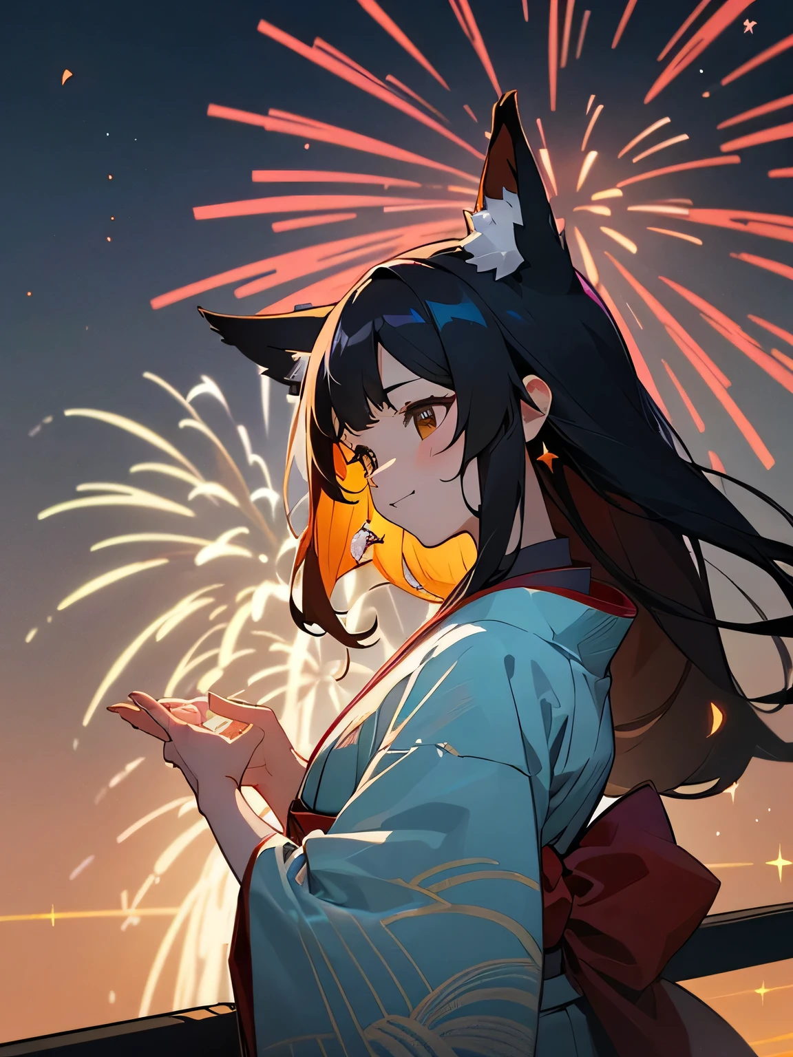 (from bird view),sideview,solo,(leaning foward:1.2),cute face, upperbody,anime girl, black long hair, big red ribbon animal ear, brown eyes,smile,white and lime green water drop design pattern kimono,deep blue obi,A bird, official artwork, onmyoji detailed art, high detailed official artwork, trending on artstation pixiv, Kawacy, firework, onmyoji, summer festival night,hands in aura:1.2,Petal flurry,((lines of lights:1.3)), Blossom storm、(Cherry tree),midnight sea,(europe castle, city lights in the distance)、((some fireworks:1.3)、fireworks in the sky,(I am the star)