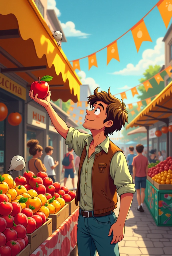 A man looking at a stall and picking up an apple comic