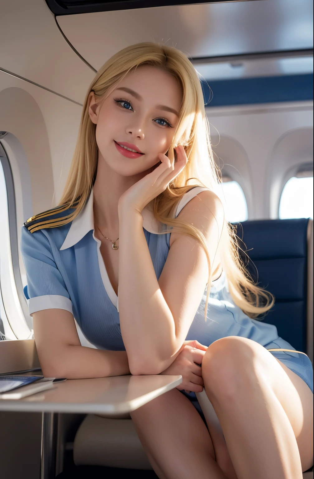 Highest resolution，lifelike，HD，Ukrainian beauty，blond，blue eyes，Airline stewardess，sweet smile，facing the audience