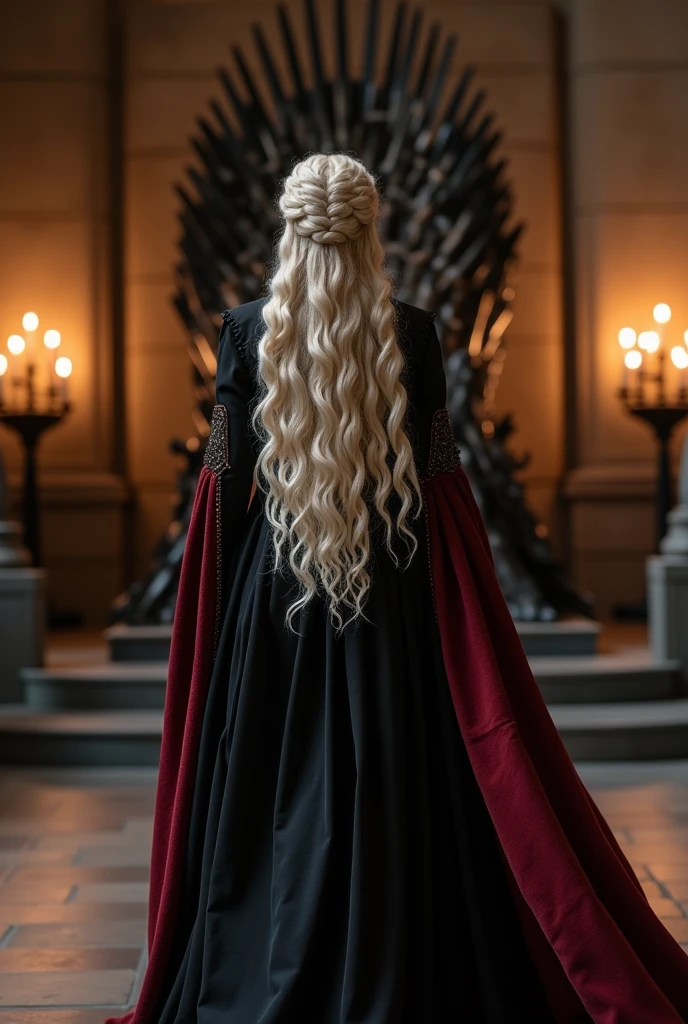 A beautiful Aesthetic Targaryen Princess with long curly braided platinum blonde hair, she's wearing a royal black Cotton hard PRINCESS Costume with Dark Red cloak on her right back shoulder, She's walking to Iron throne on a large throne room, Walls are decorated with candles,long camera shot from character's rear 