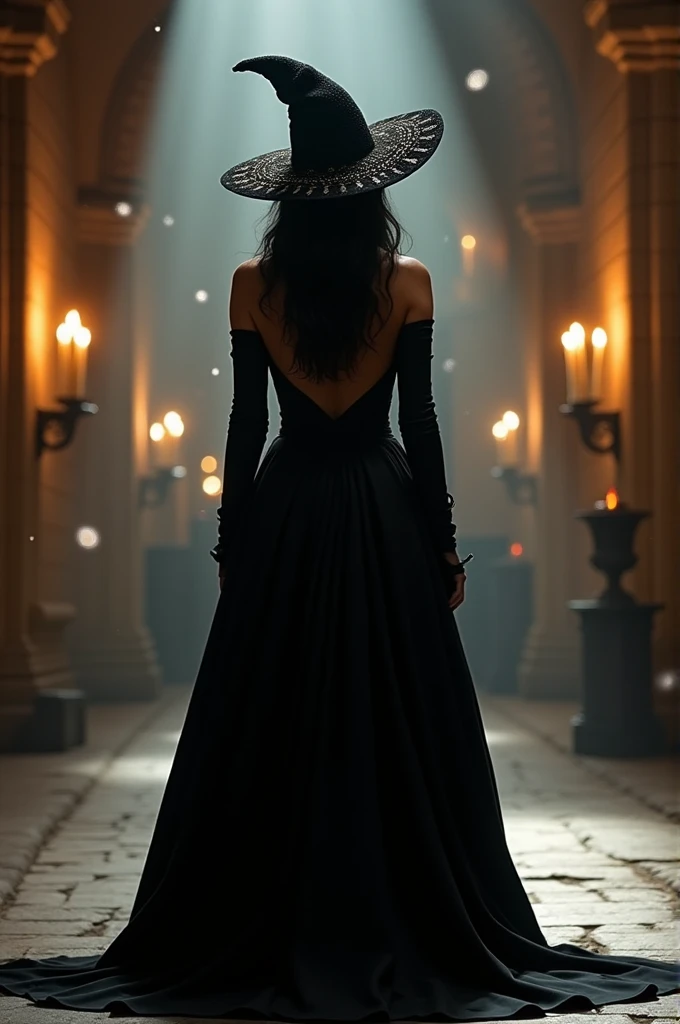 A woman, witch, long straight black hair, black eyes, athletic body, long pink dress, castle in the background, masterpiece, high quality, best quality, 4k, well-detailed body, detailed face, witch's hat, camera raw, dark lighting