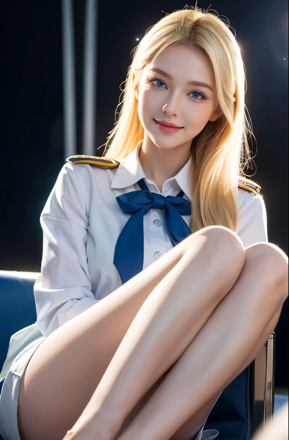 Highest resolution,lifelike,HD,Ukrainian beauty,blond,blue eyes,Airline stewardess,sweet smile,facing the audience