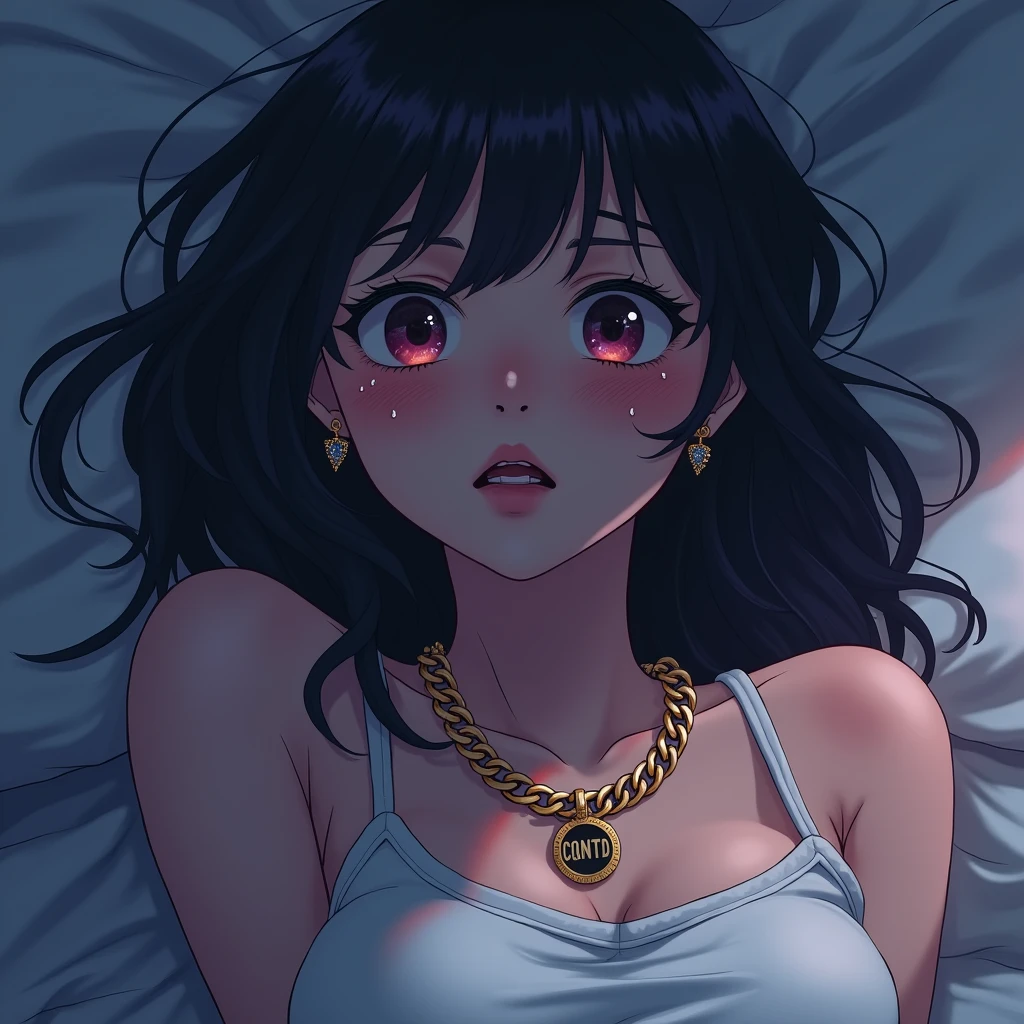 “An anime-style illustration of a young woman lying on her bed, visibly emotional with tears streaming down her face as she looks at her phone. She wears a stylish Cuban link necklace with the letters ‘CQNTD’ clearly engraved on the pendant. The scene is set in a dimly lit bedroom, creating a melancholic atmosphere, with the focus on her expression and the necklace. The colors are soft, with a muted palette to enhance the emotional tone.