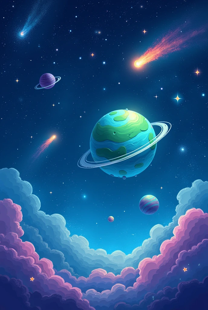 Generate a vibrant, cartoon-style universe scene. it should include stars The overall mood is paceful but it should be dark deep blue