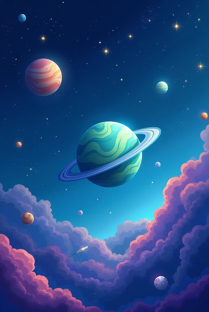 Generate a vibrant, cartoon-style universe scene. it should include stars The overall mood is paceful but it should be dark deep blue