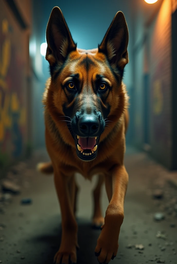generates an image of a Belgian shepherd dog that is predominantly brown in color and is aggressive, wanting to bite more aggressively, even more and more aggressively, but that is brown in color, very more aggressive, more aggressive, pls.







