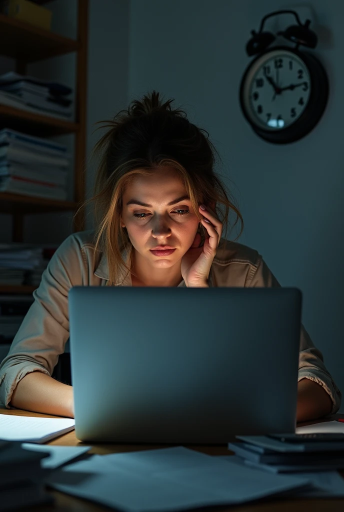 The women is typing on the laptop, pausing occasionally to rub their temples or take a deep breath. The clock on the wall shows it’s past normal working hours.