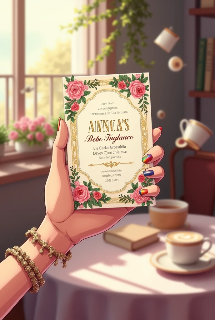 The hand of an anime person delivering an invitation to another hand And the invitation should say "Conference on media influence on gender perception" in Latin Spanish 