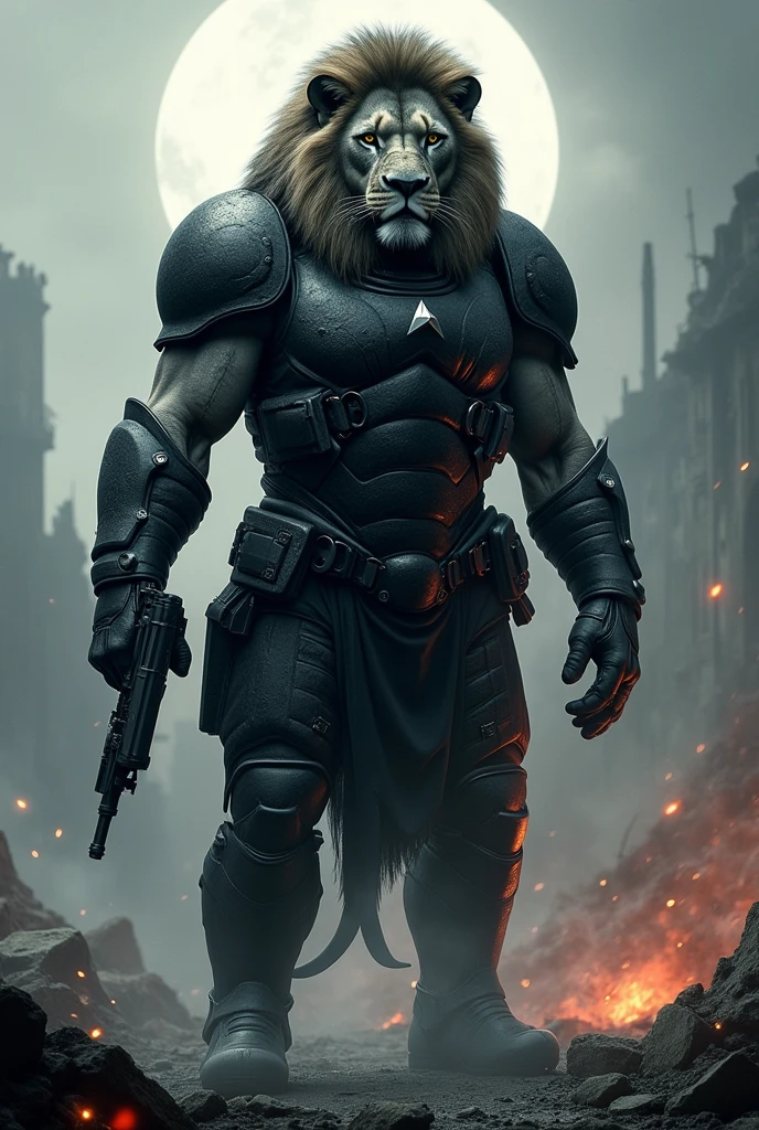 Lion wearing black armor with full Of guns