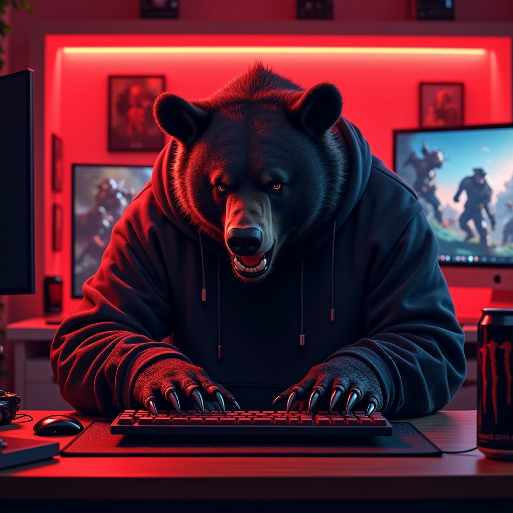 A black bear (animal) angry and growling while playing on his computer. Has a gamer office with red lights in the background. He is sitting in a gaming chair. He has a sweatshirt. drawing style.