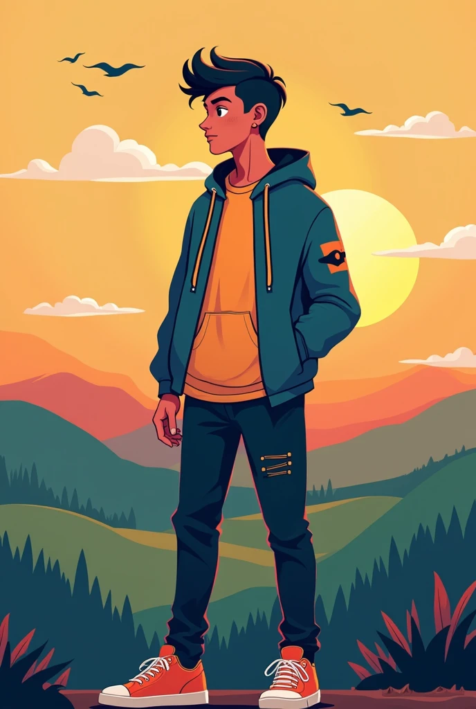 Simple Background, Character Design, hoodie、male, View landscape, Icon Style,