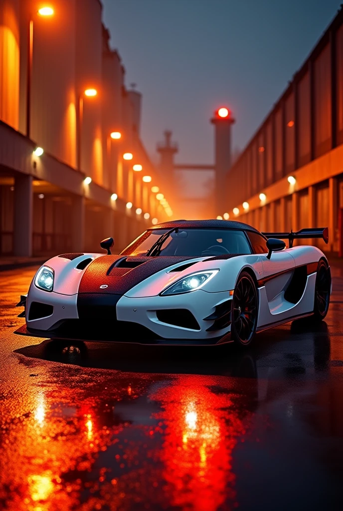 A stunning nighttime photo that captures the essence of high-speed adventure. A sleek, white koenigsegg agera rs sports car is parked at an industrial location, its wet, metallic surface reflecting the golden glow of the surrounding environment. The wet pavement illuminates the car's striking red color, creating a dreamy atmosphere. The orange-tinted lights of the industrial area cast a warm, ethereal glow over the scene, as if the car's high-octane energy has been immortalized in a single, thrilling moment. The cinematic quality of the photo evokes a sense of speed, power, and grandeur., cinematic, photo