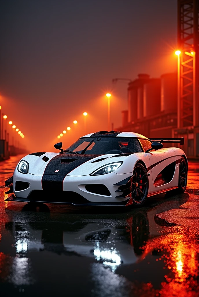 A stunning nighttime photo that captures the essence of high-speed adventure. A sleek, white koenigsegg agera rs sports car is parked at an industrial location, its wet, metallic surface reflecting the golden glow of the surrounding environment. The wet pavement illuminates the car's striking red color, creating a dreamy atmosphere. The orange-tinted lights of the industrial area cast a warm, ethereal glow over the scene, as if the car's high-octane energy has been immortalized in a single, thrilling moment. The cinematic quality of the photo evokes a sense of speed, power, and grandeur., cinematic, photo