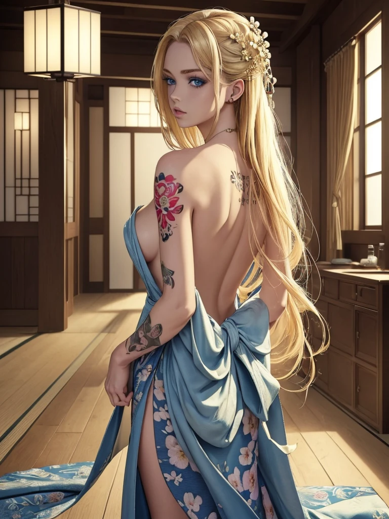 (masterpiece, highest quality, best quality, official art, beautiful and aesthetically pleasing:1.2),1 girl, tattoo, solo, Japanese clothes, hair decoration, nudity, golden hair, tattoo on the back, blue eyes, open shoulders, looking back, from behind, flower, looking at the viewer, holding, makeup, indoors.