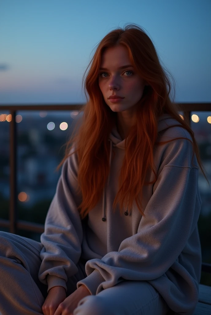A young red-haired woman with long, flowing hair is sitting relaxed on a balcony at dusk. She's dressed in an oversized hoodie and comfy pants, giving her a laid-back, cozy look. The atmosphere is calm and serene, with soft, warm lighting casting gentle shadows. In the background, a cityscape stretches out in the distance under a twilight sky, with a few lights beginning to twinkle. The overall style is LoFi-inspired, with a dreamy, slightly nostalgic vibe.