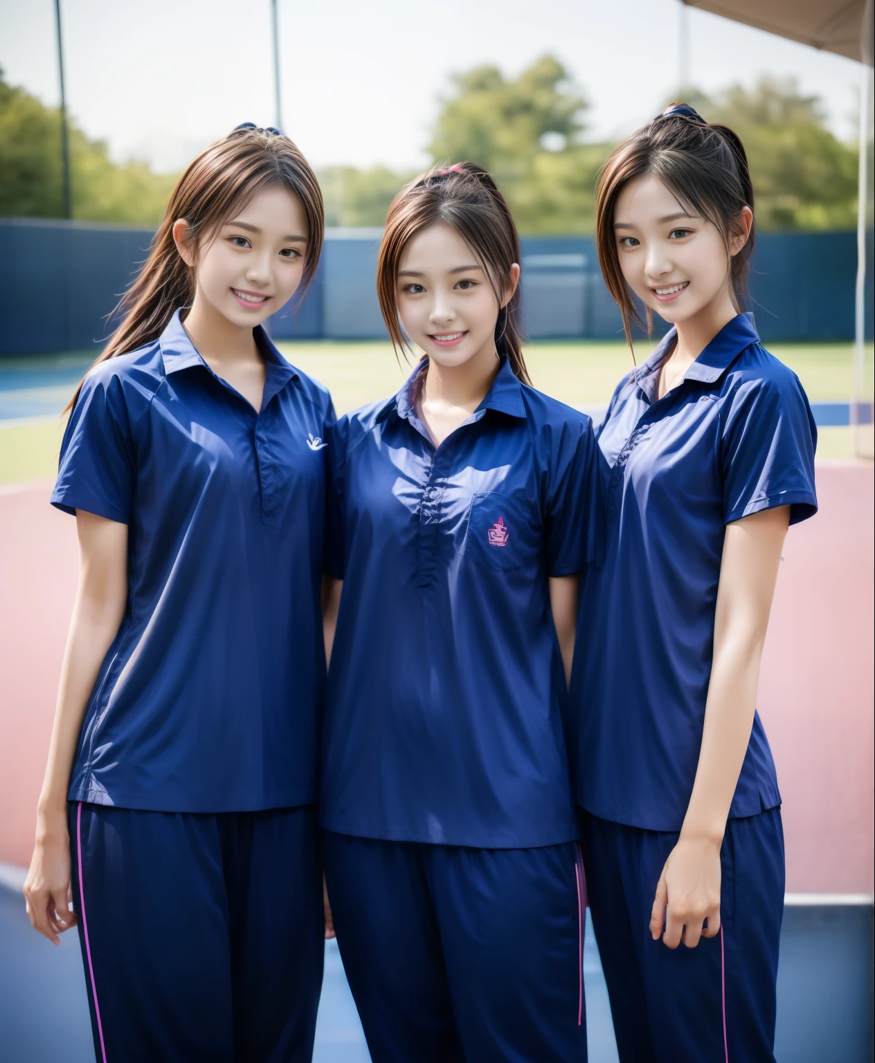 3 girls play tennis at tennis courts, Navy blue short-sleeved shirt,Navy Long Trackpant,Sweatpants, Sweatpantsขายาว,25 year old girl, lesbian, sexy, exercise clothes, wet body, exercise clothes