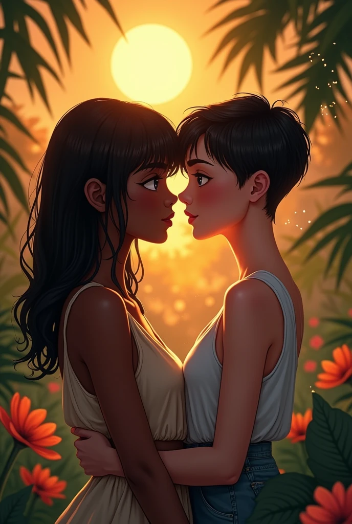 A couple of girls, a Caribbean brunette with straight black hair, and the other white with short black hair like a man, looking into each other&#39;s eyes as if they were very much in love.
