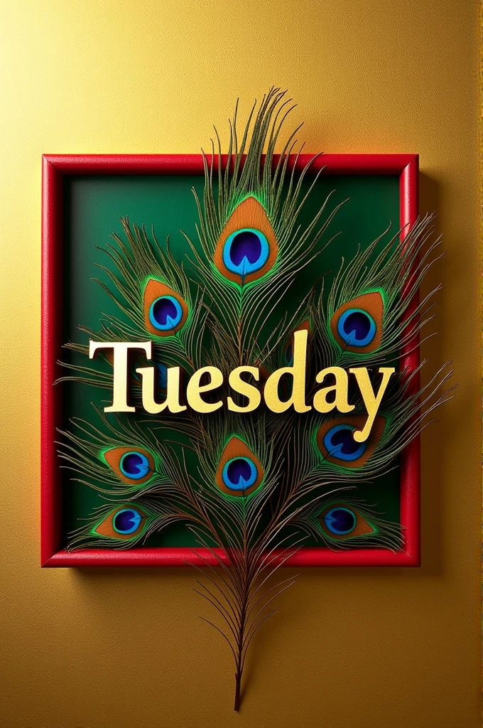 Gold colored background with the name Tuesday written on it and red and green boxes around the name, peacock feathers in the box