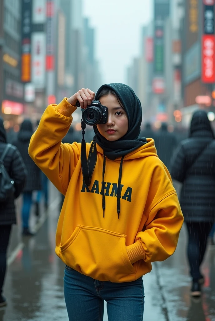 genitals, UHD, Japanese, girl, woman, lady, female, milf, dark hijab, dark scarf, pale skin, , cute face, plump and bold body, city, crowds, holding camera, Noon, rainy, wet body, sweaty, wearing yellow Hoodie with "RAHMA" letter, tight jeans, facing camera