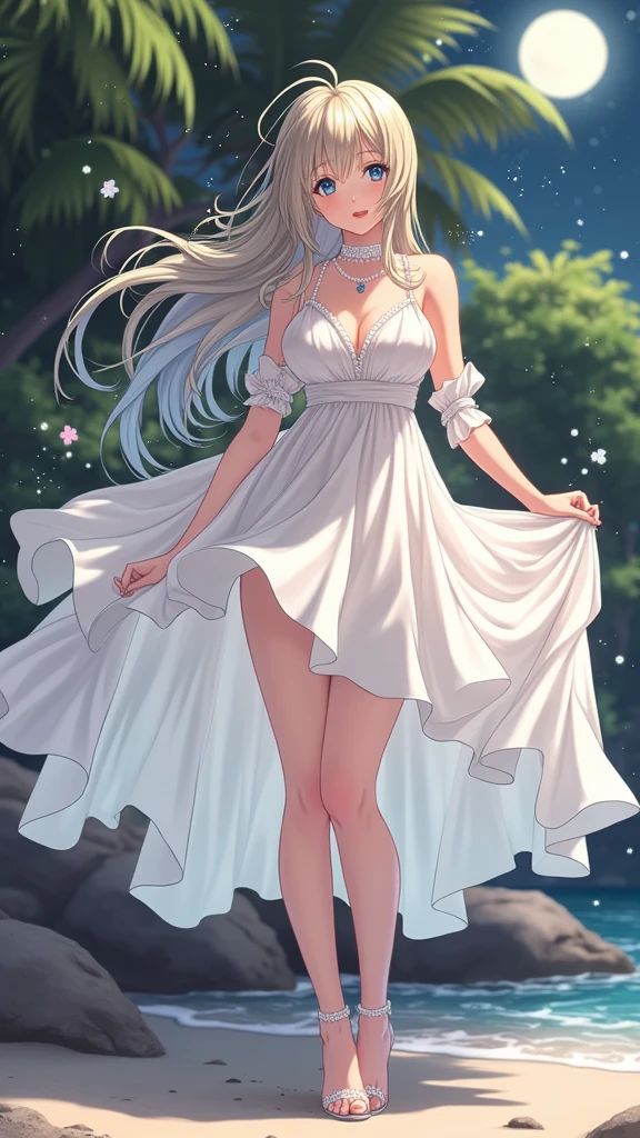 (masterpiece、Highest quality、8k、High resolution)、One female、(Beautiful Face、Beautiful Face)、Beautiful eyes、Beautiful lips、Beautiful nose、Silver blonde hair、(The best girl in anime)、Sandy beach with a view of the forest、A bright night with stars visible、full moon、milky way、体whole bodyから神秘的な光の粒子、Colorful light particles、A mysterious light glowing around the head、jewelry、necklace、dress、(whole body)、Highly detailed anime art、A complete portrayal、