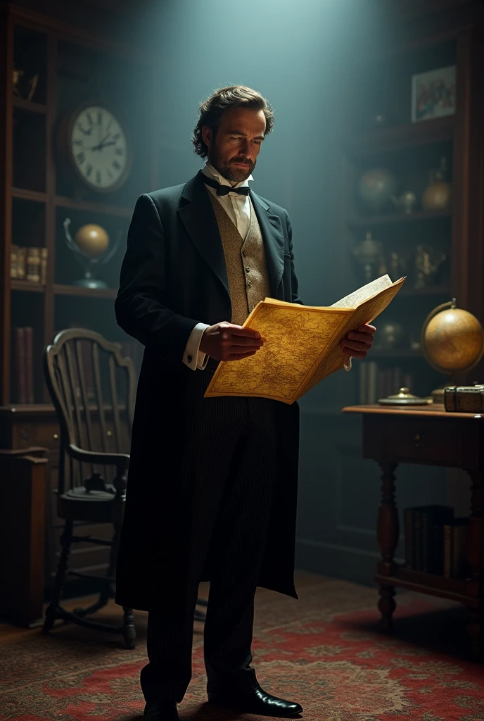 Phileas Fogg, Spotlight, with a serious and concentrated expression: This image could serve to introduce Fogg&#39;s character and suggest his mystery and determination.. He could be holding a map or a clock., emphasizing his obsession with time and distance.
Scenes focused on action