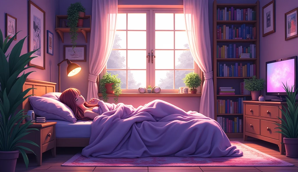 An Anime Women Lying in the bed in the Cozy bedroom featuring a large bed with textured blankets, surrounded by bookshelves filled with books. The walls are painted a warm purple and adorned with various framed artworks and decorations. A window lets in natural light, illuminating the room, while a lamp and a television add soft artificial lighting. A patterned rug covers the wooden floor, and houseplants are placed around the room, creating a vibrant, inviting atmosphere.