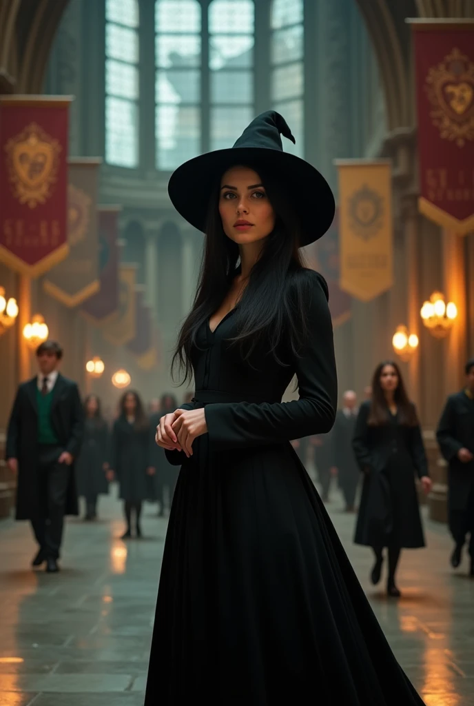"A tall and impressive female character, who is the Defense Against the Dark Arts professor at Hogwarts. It measures 1,74 meters high, dresses entirely in black, holds a black lace umbrella, is covered by a traveling cloak and has black leather gloves on her hands. wears a black dress, with high lace collar and long lace sleeves. Her very black curls fall to her shoulders. Your skin is mixed race, very light black, of a medium brown with a cool undertone, grayish, without any pink tone on the face. She has a delicate face with fine features, fine nose, tthin eyebrows, pronounced cheekbones, delicate mouth and pointed chin. She has heterochromia in her eyes, the right eye is black and the left eye is green. She wears a locket with a small, delicate emerald with small, delicate silver details.. She walks through the hall with elegance, leaving everyone present fascinated by his mysterious and attractive presence. Students must be seated at tables in the Hogwarts Great Hall., Ao fundo.”
