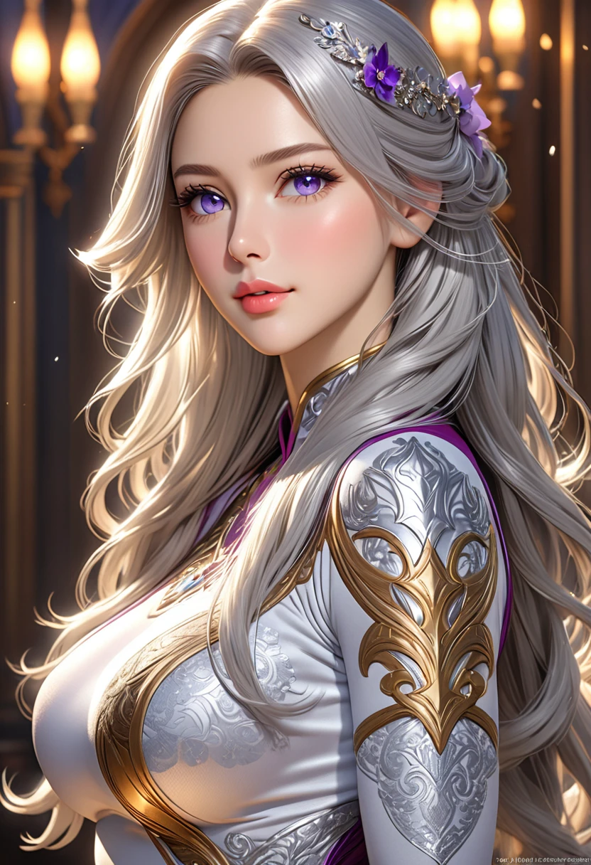 ((best quality)), ((artwork)), ((extremely detailed face)), ((perfect lighting)), ((extremely detailed CG)), ((perfect hands, perfect anatomy)), Appearance= Tall, european features, youthful, ravishingly beautiful, busty, athletic, toned, full lips; violet eyes; long, flowing silver hair Personality= Modest, reserved Occupation= Dawnstar Reputation= The most beautiful woman in the world ]