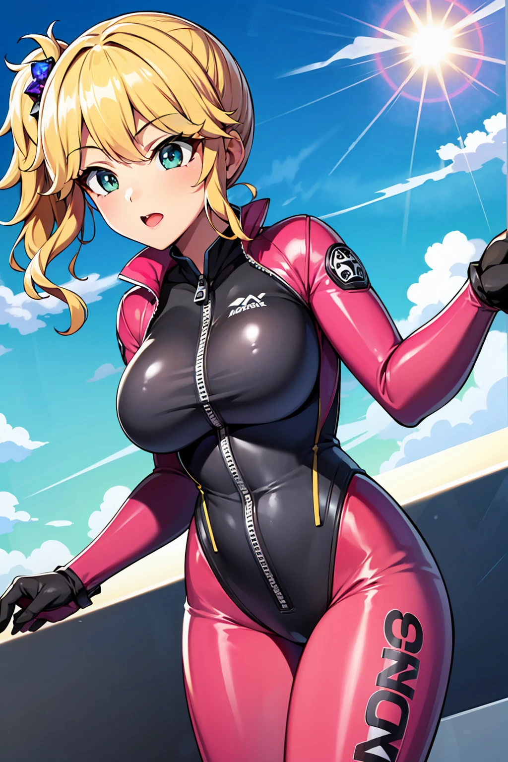 （（super high quality,Ultra-high resolution,16K,super masterpiece,Ultra HD,Ultra high definition,））One Girl,Bright pink wetsuit,The front zipper is fully open,a blue sky with clouds and sun,