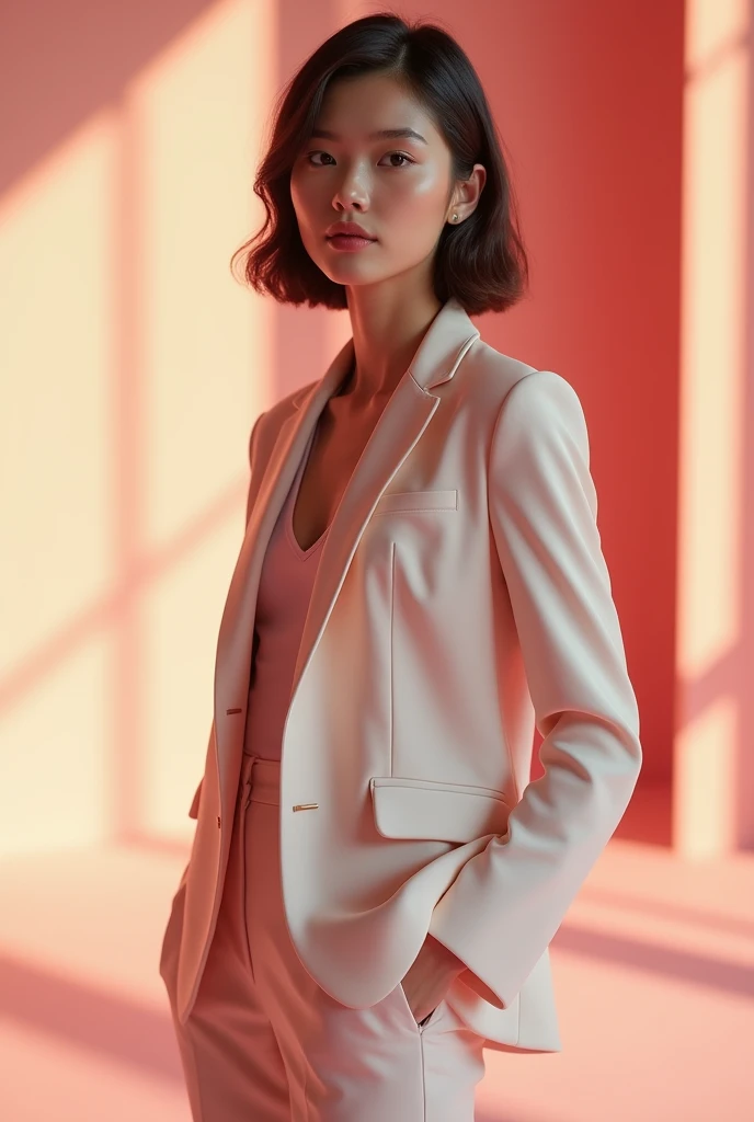 Create a fashion poster featuring a women's blazer as the main product, with the brand name 'N'Lin' prominently displayed in the image. The poster should exude elegance and sophistication, appealing to young women with a refined and trendy sense of style. Use a minimalist design with a clean background, focusing on the blazer's details and quality. The typography should be sleek and modern, and the placement of 'N'Lin' should be tasteful yet noticeable, reinforcing the brand's identity within the high-fashion market
