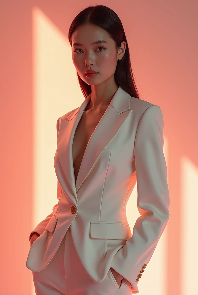 Create a fashion poster featuring a women's blazer as the main product, with the brand name 'N'Lin' prominently displayed in the image. The poster should exude elegance and sophistication, appealing to young women with a refined and trendy sense of style. Use a minimalist design with a clean background, focusing on the blazer's details and quality. The typography should be sleek and modern, and the placement of 'N'Lin' should be tasteful yet noticeable, reinforcing the brand's identity within the high-fashion market
