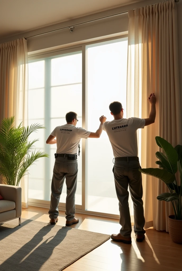 Installation team installs electric curtains