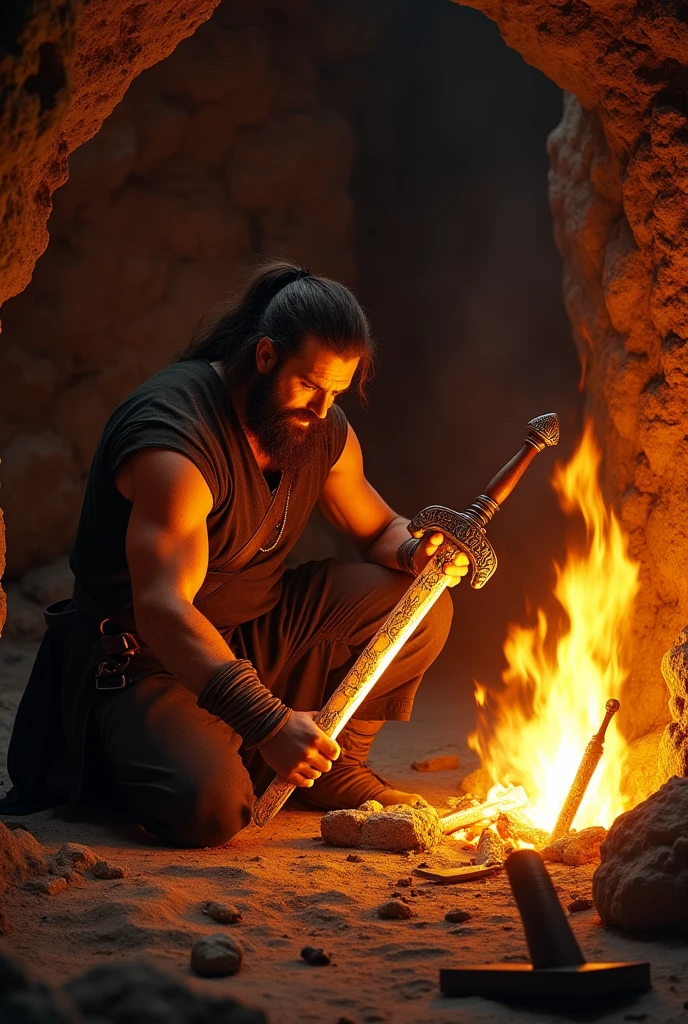 photorealism:1.2), medieval man in a cave hammering a sword set in fire in a bonfire 