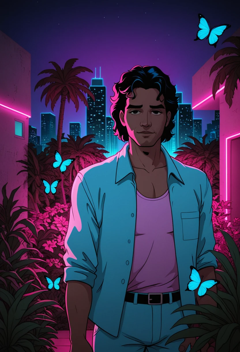 A blue morpho butterfly, humanized in a MIAMI VICE animation style. The background should resemble Miami City or a retro setting, with blue and pink neon lights reflecting in an urban garden