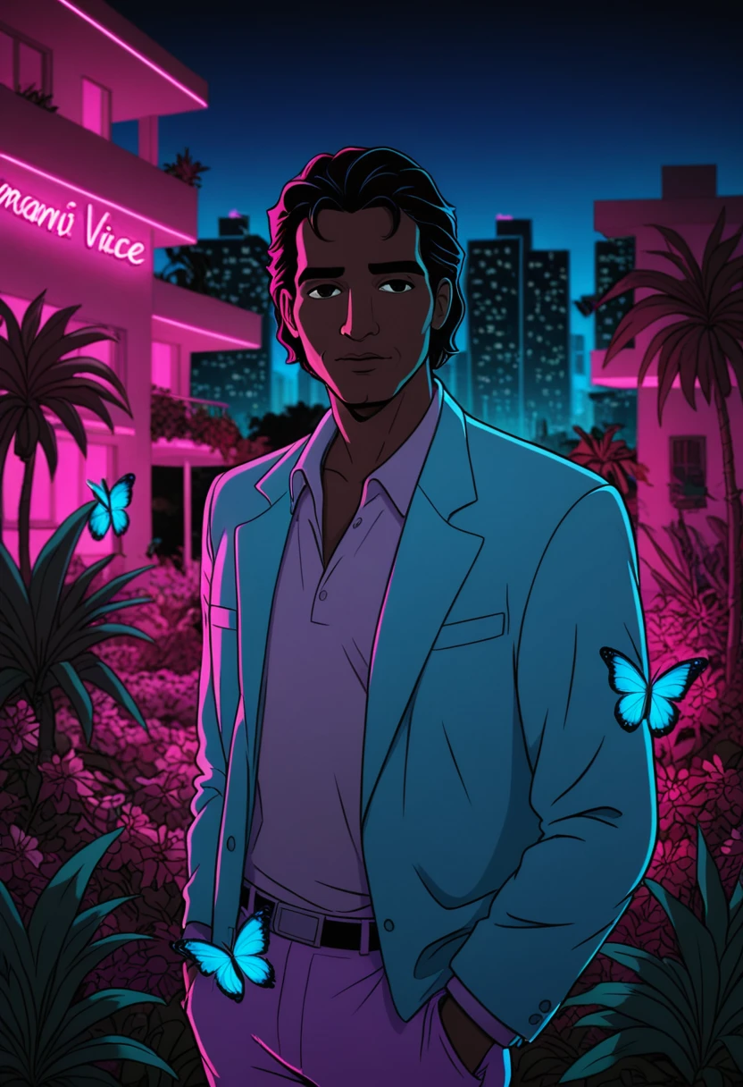 A blue morpho butterfly, humanized in a MIAMI VICE animation style. The background should resemble Miami City or a retro setting, with blue and pink neon lights reflecting in an urban garden