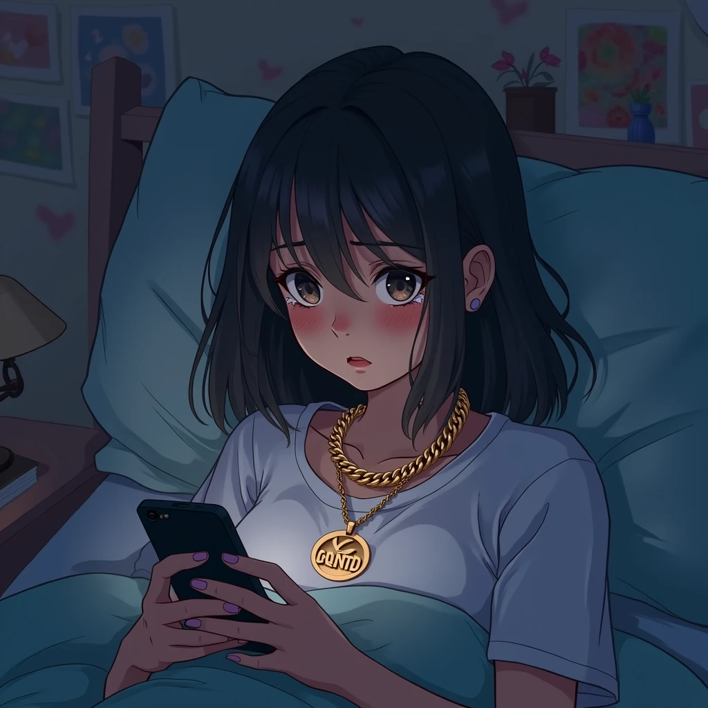 “An anime-style illustration of a young woman lying on her bed, visibly emotional with tears streaming down her face as she looks at her phone. She wears a stylish Cuban link necklace with the letters ‘CQNTD’ clearly engraved on the pendant. The scene is set in a dimly lit bedroom, creating a melancholic atmosphere, with the focus on her expression and the necklace. The colors are soft, with a muted palette to enhance the emotional tone.