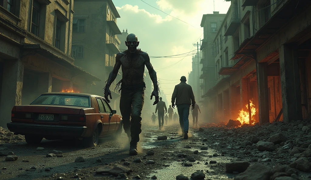 a creepy zombie apocalypse landscape in a horror movie setting with zombies roaming the city, remains of civilization and debris everywhere with remains of war, cinematic, high quality cinema, Chaotic scenario