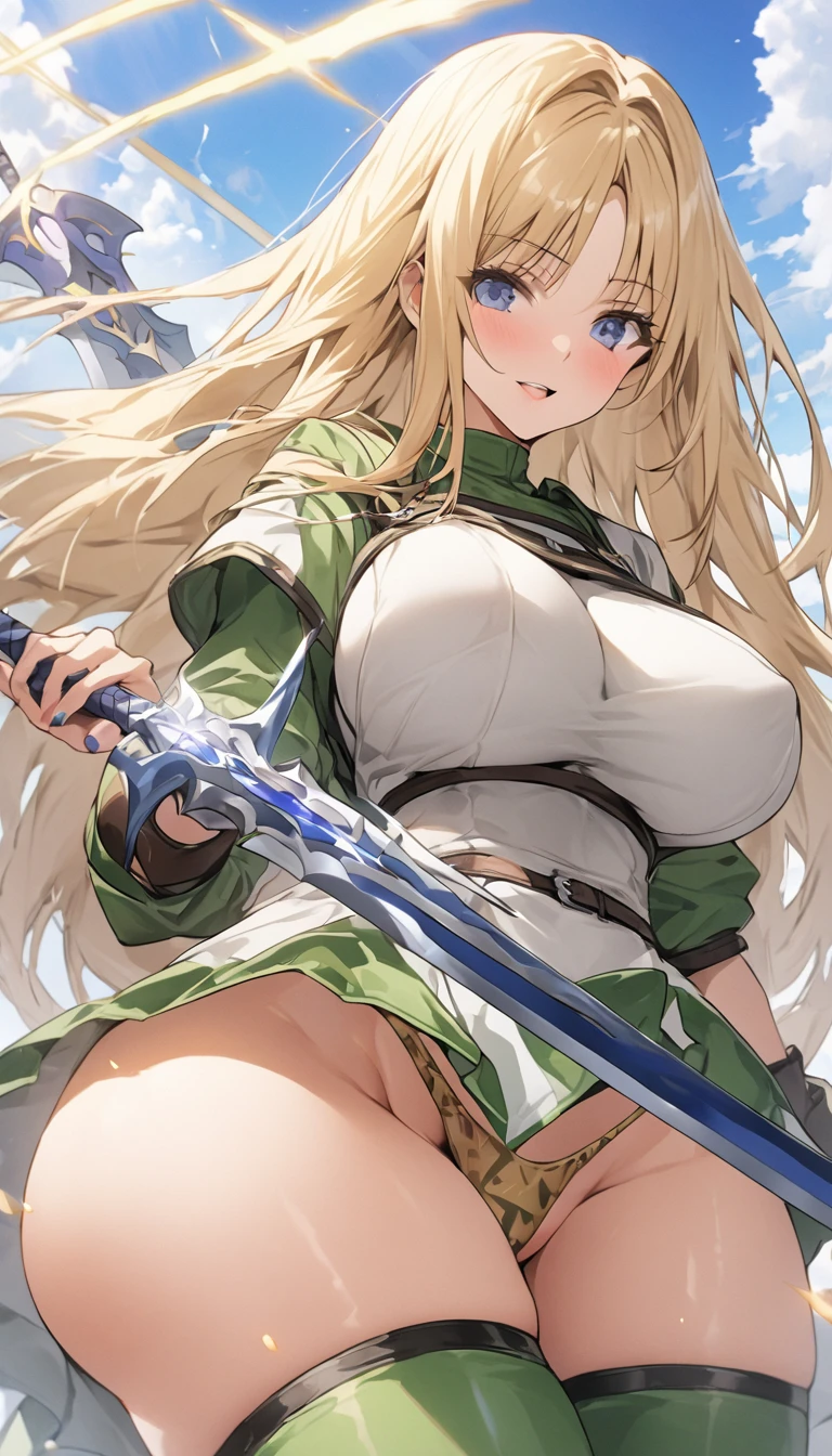 Ultra-high definition image quality、beautiful girl、Female Swordsman、Light Armor、Green Boots、Long Hair、blonde、20-year-old、have confidence々face、Very short tight skirt、Cowgirl、wilderness、Highest quality,Big 、Bigighs、Grasping the hilt of the holy sword Excalibur、Black panties、Kick o your feet and jump、Joan of Arc style clothing、Wind King Barrier、Her hair is fluttering in the wind、The Sword of Promised Victory、god々Wearing a bright aura、Big Ass、Valkyrie