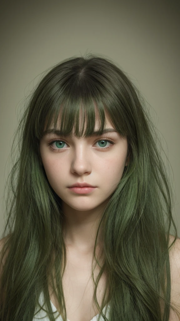 a girl. European. Extremely detailed face. Oval face. Delicate facial features. Half-closed eyes. Long straight hair. Messy hair. Bangs. Green hair. Green eyes. Very sad expression. Shy