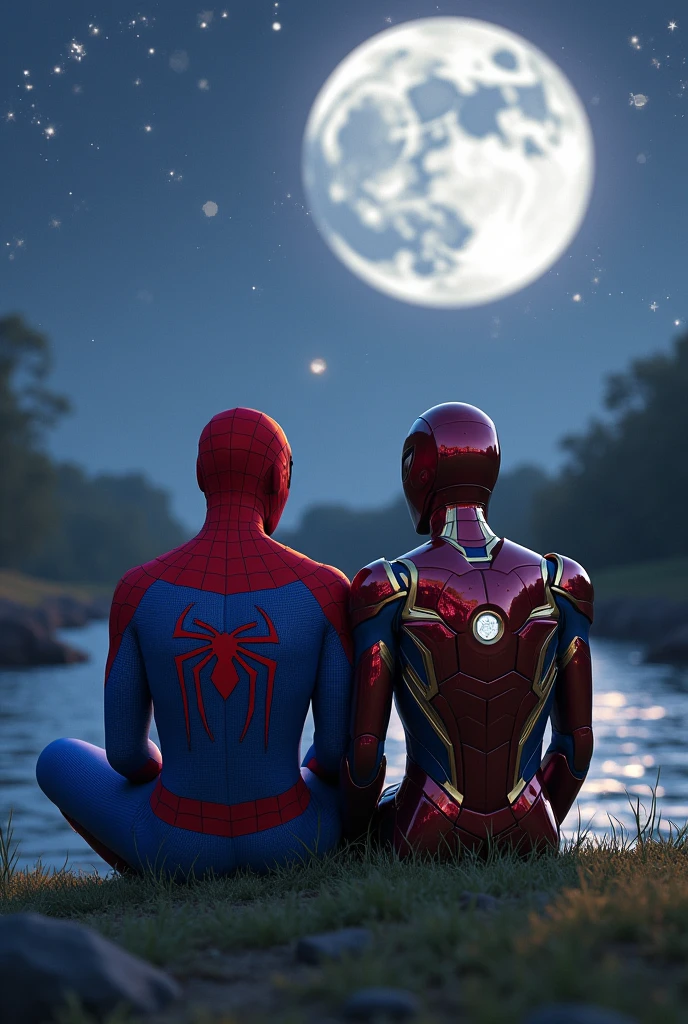 A spiderman and an iroman sitting beside a river. theeihu is written on ironman suit and mospidy is written on spiderman suit. A beautiful moon in the sky. Stars are glitching. 