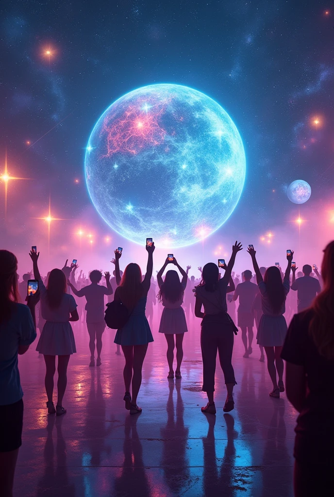 A new planet where only people play smartphone. Dancing on social media Someone held a phone and filmed another person dancing. Everyone has a mobile phone. people standing on stars in space Can see other planets in space