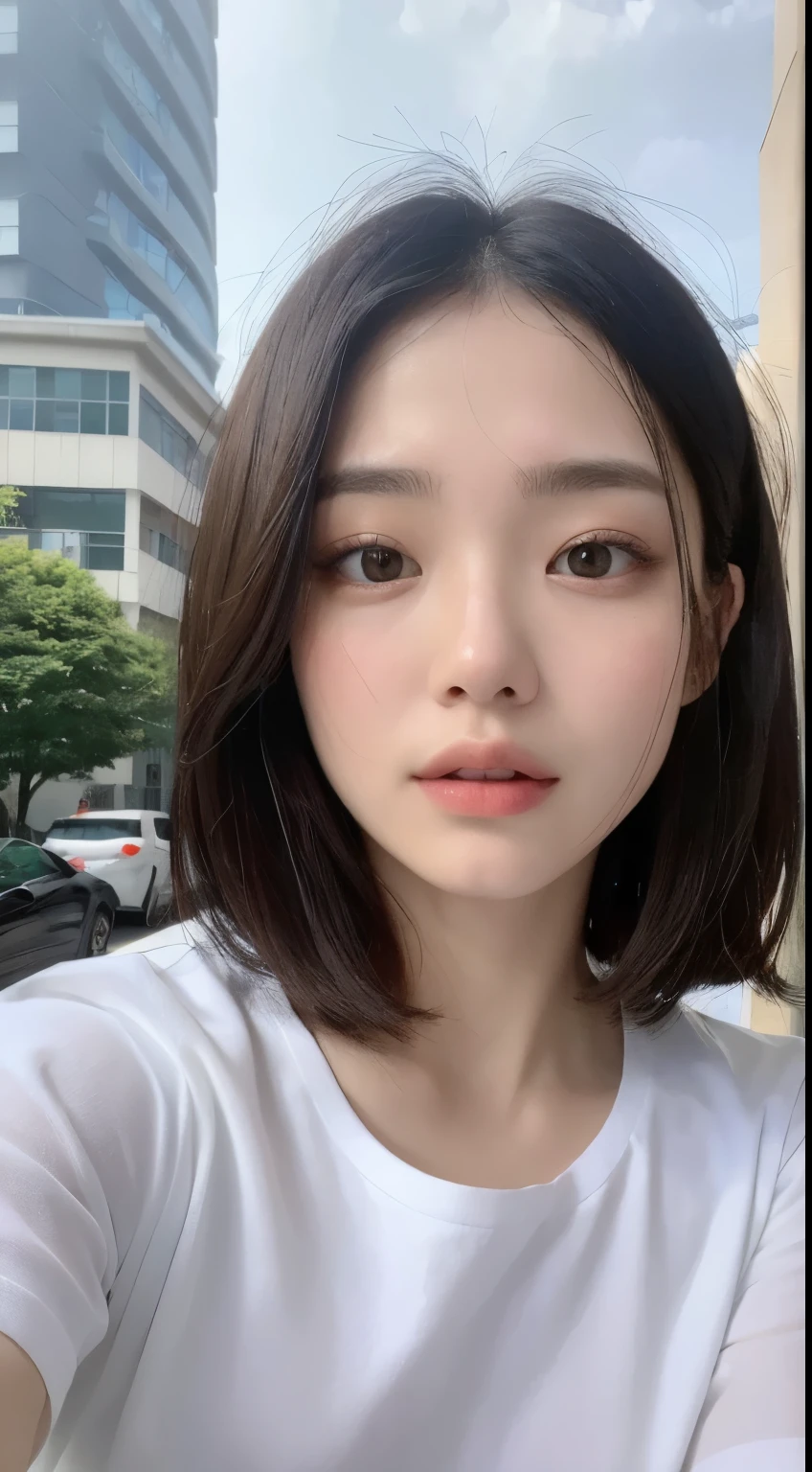 ((Highest quality, 8k, masterpiece: 1.3)), Sharp focus: 1.2, Beautiful woman with perfect body: 1.4,  ((Layered Haircut, Large Breasts: 1.2)), (Very good) ,(A thin, damp T-shirt: 1.1), (rainに濡れた白いシャツ), (rain, street: 1.2), Wet body: 1.1, Highly detailed face and skin texture,  Detailed eyes, double eyelid,