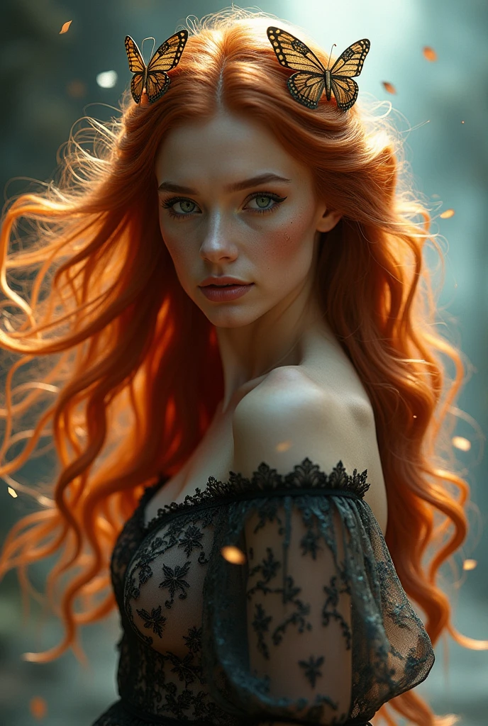 (solo, full body photo:1.3), (action packed:1.3), (haze, fog, mist:1.3), chiaroscuro, best quality, photorealistic, 1woman, (cute), (24yo:1.2), redhead, long ginger hair highly detailed, 1700'S, digital photography, art by artgerm and ruan jia and greg rutkowski surreal painting gold butterfly filigree, broken glass, (masterpiece, sidelighting, finely detailed Fashionable eyes: 1.2) (perfect oval large eyes that gazes at the viewer), beautiful detailed face, blue gorgeous perfect eyes, (blonde hair ponytail), (attractive young woman:1.3), (thick amazing hair), (seductive:1.1), (blushing:1.1)