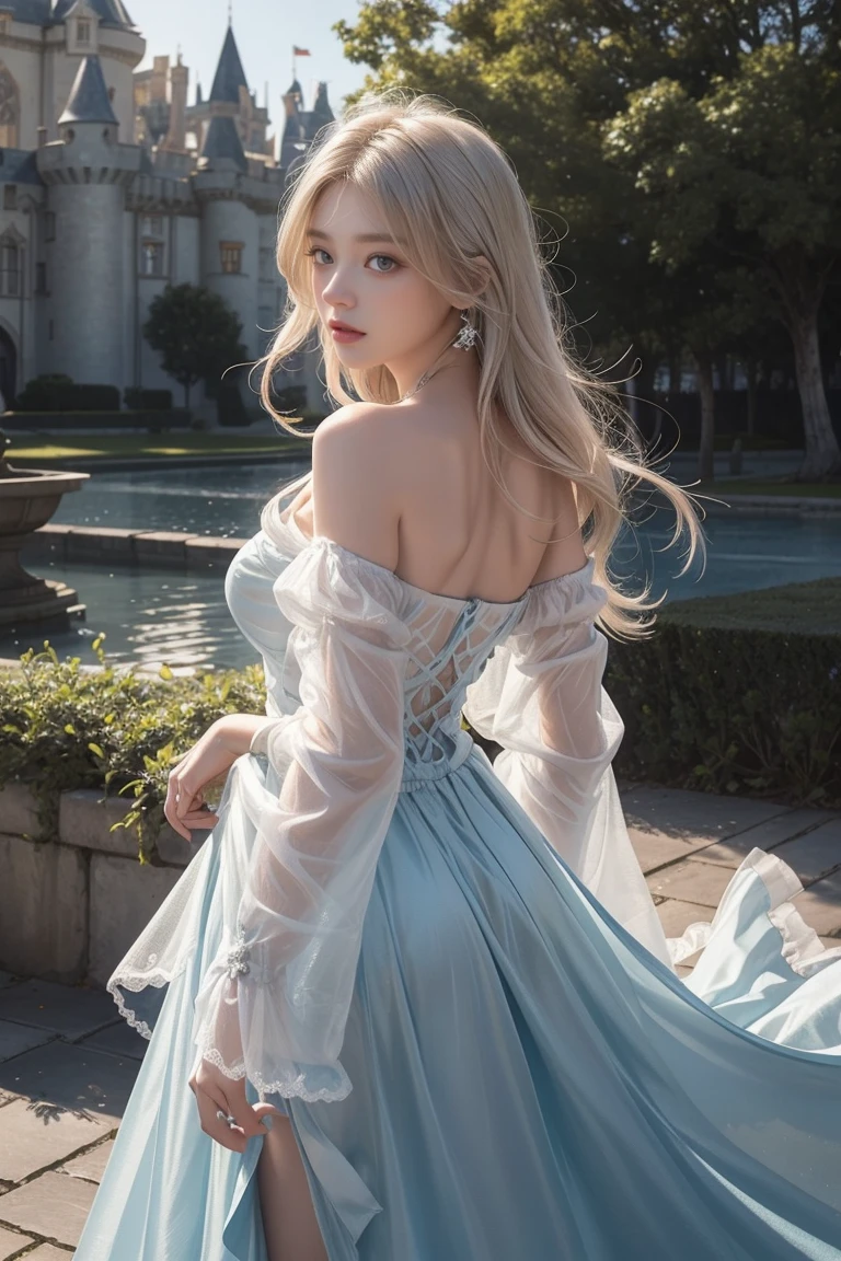 ((Girl standing in front of the castle wall))、Fluorescent color、One Girl、Look to the side、Beautiful Face、Beautiful Eyes、(Big Blue Eyes)（From the shoulder down：1。 2）、（Golden white hair）、Shiny Hair、Glowing Skin、Reduce glare、Finger Proportion Adjustment、Escrow、Butt viewpoint、Dynamic Angle、（（Master Parts））、（（Highest quality））、（（（Ultra Details）、（An illustration）、（Detailed light）、（Very delicate and beautiful）、Dramatic Shadows、Ray tracing、reflection、Ultra-high resolution、（（Master Parts））、（（Highest quality））、（（Ultra HD））。 Ultra-high resolution、((Colorful hair and mesh))、Her hair flutters in the wind、(Big deep blue eyes)、Golden white hair、haired woman、Sparkling Butterfly、Sparkling Butterfly、黒haired woman、Points of light around the woman、Magical Aura、Green dot、The nature of the aura、Magical Aura黒haired woman、 ((Translucent red one-shoulder dress： 1. 3)、(No sleeve)、((The skirt flutters up in the wind))、((An old European castle stands in the distance))、