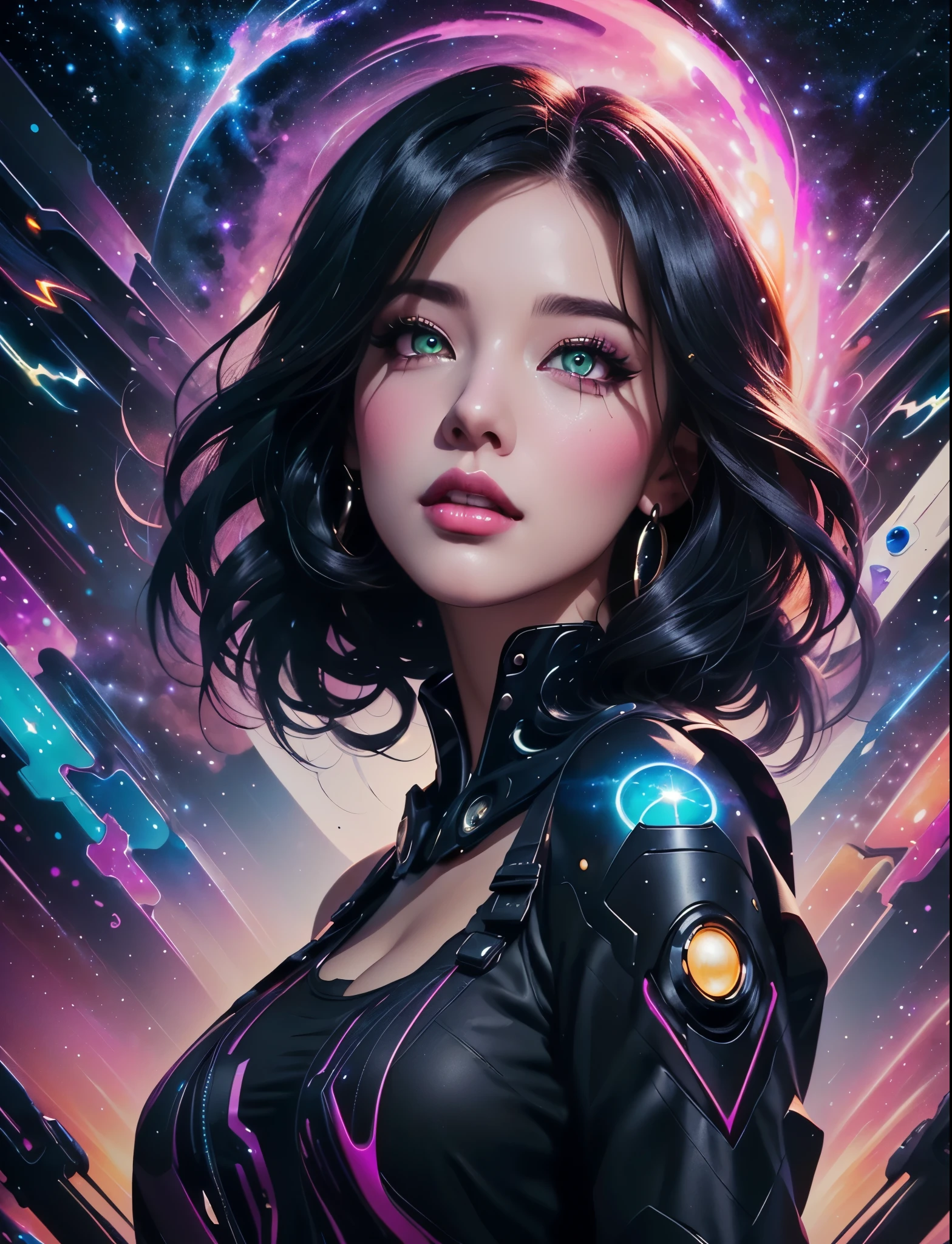 a woman with a black hair and a black top is standing in front of a galaxy, beeple and jeremiah ketner, artgerm julie bell beeple, neoartcore and charlie bowater, jen bartel, greg beeple, stunning digital illustration, alice x. zhang, artgerm jsc, rossdraws cartoon vibrant
